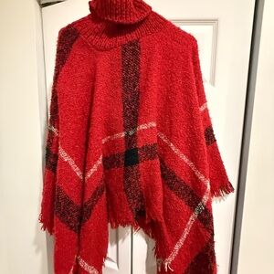 Holiday Red Plaid Turtleneck Sweater Poncho